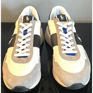 Polo by Ralph Lauren White Black Gray Suede-Trim Sneakers with Blue Accent